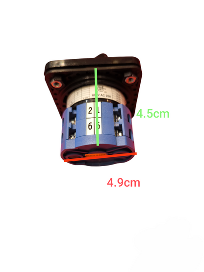 Auspicious 20A 4 pole cam switch with blue body and black mounting plate showing dimensions