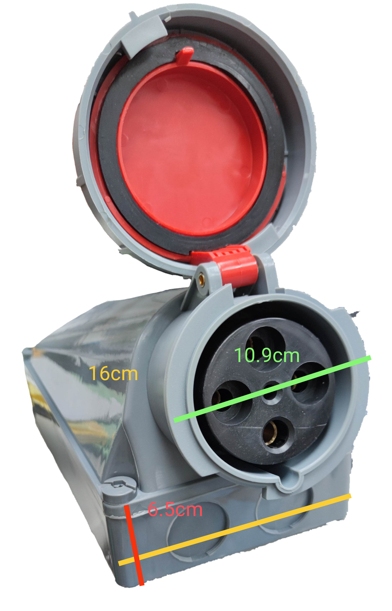 Grippes 3 pin 220V IEC6309-2 outlet with protective red cover and detailed dimensions on black background