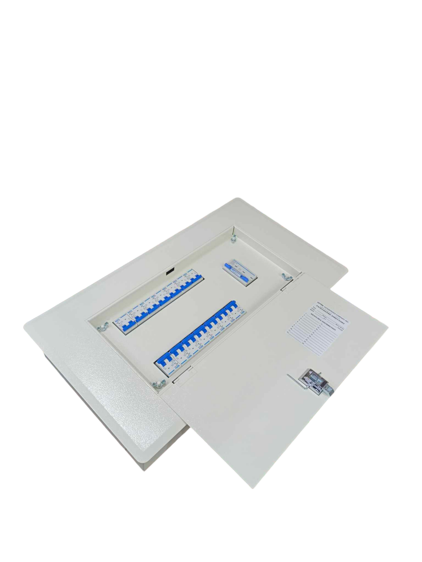 Chint 3 pole electrical panel with 14 branches in white metal casing with open door showing circuit breakers