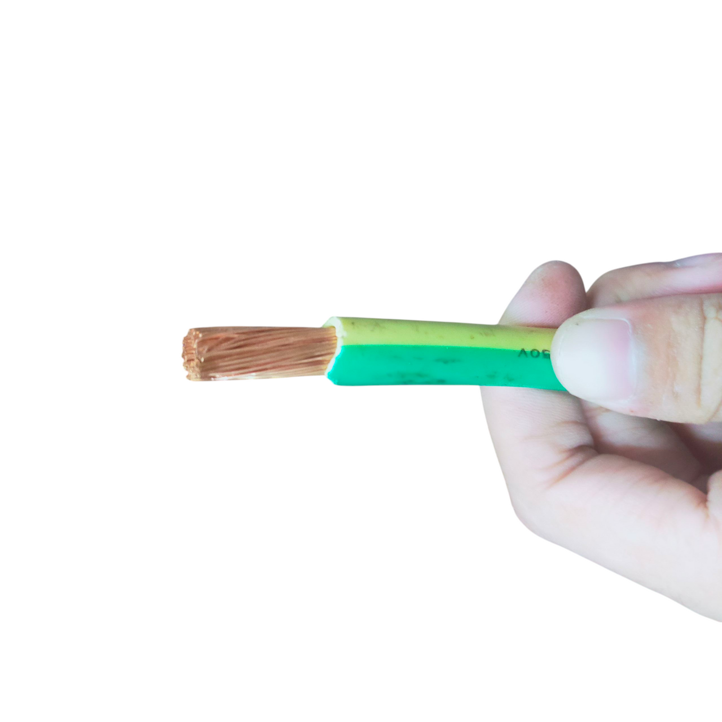 Grippes 35mm Grounding Cable showing copper wire strands and green insulation held in hand