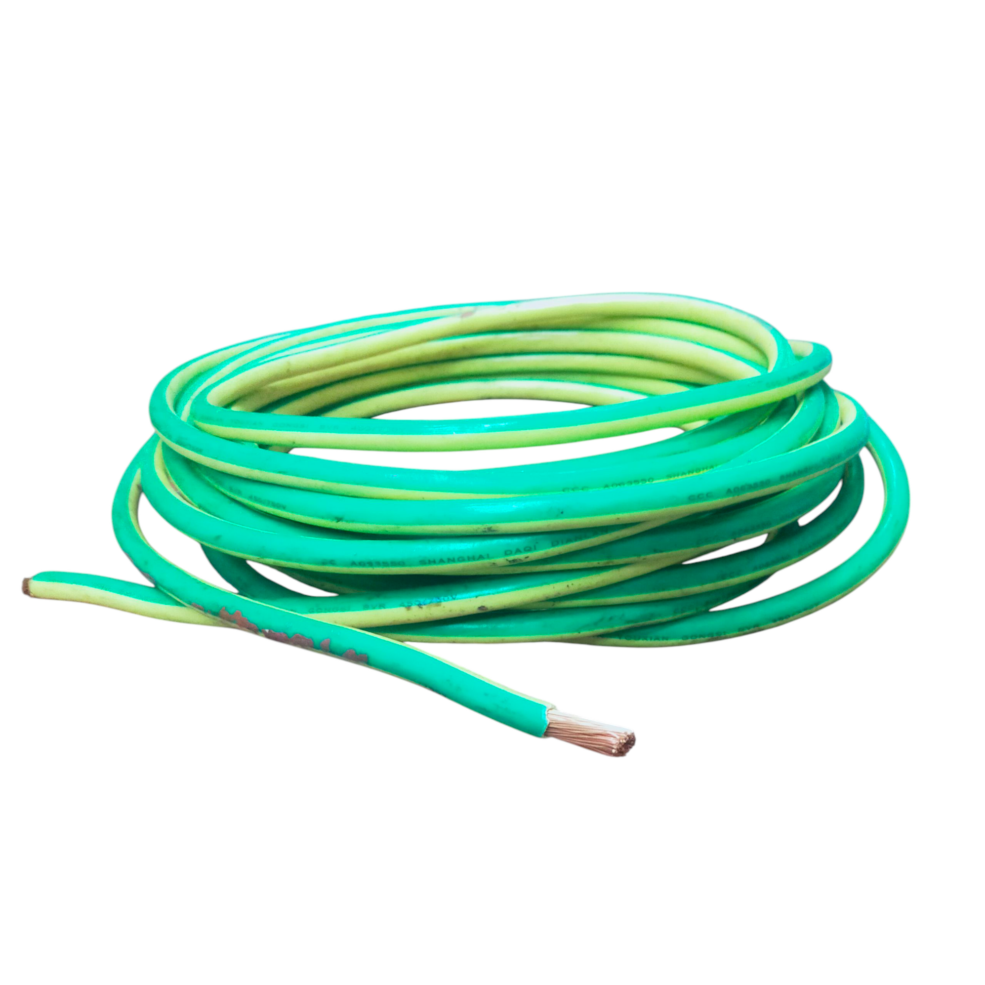 Grippes 35mm Grounding Cable coiled green and yellow wire with exposed copper end