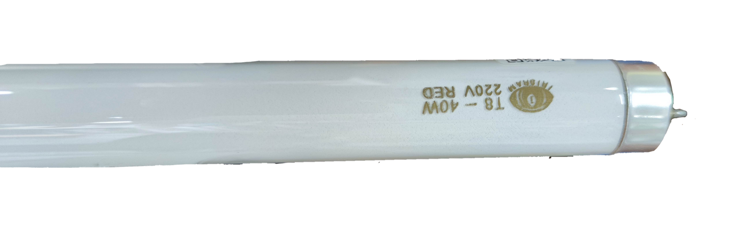 Irisram 36W Fluorescent Tube T-8 Red white tube with metal end cap on black background
