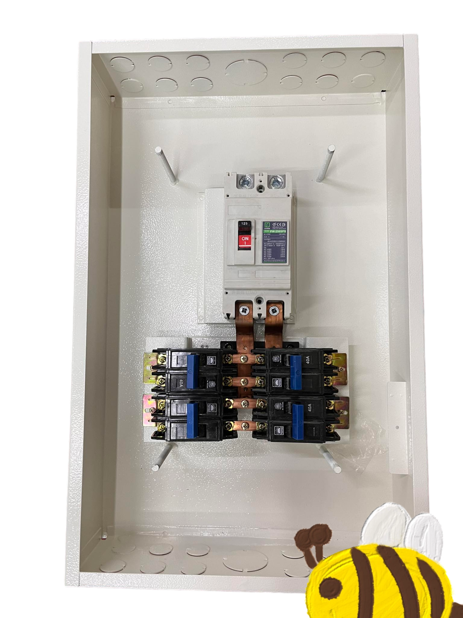 Koten and Taiyou electrical panel with 4 Branches 2 Pole Bolt on circuit breakers inside white enclosure