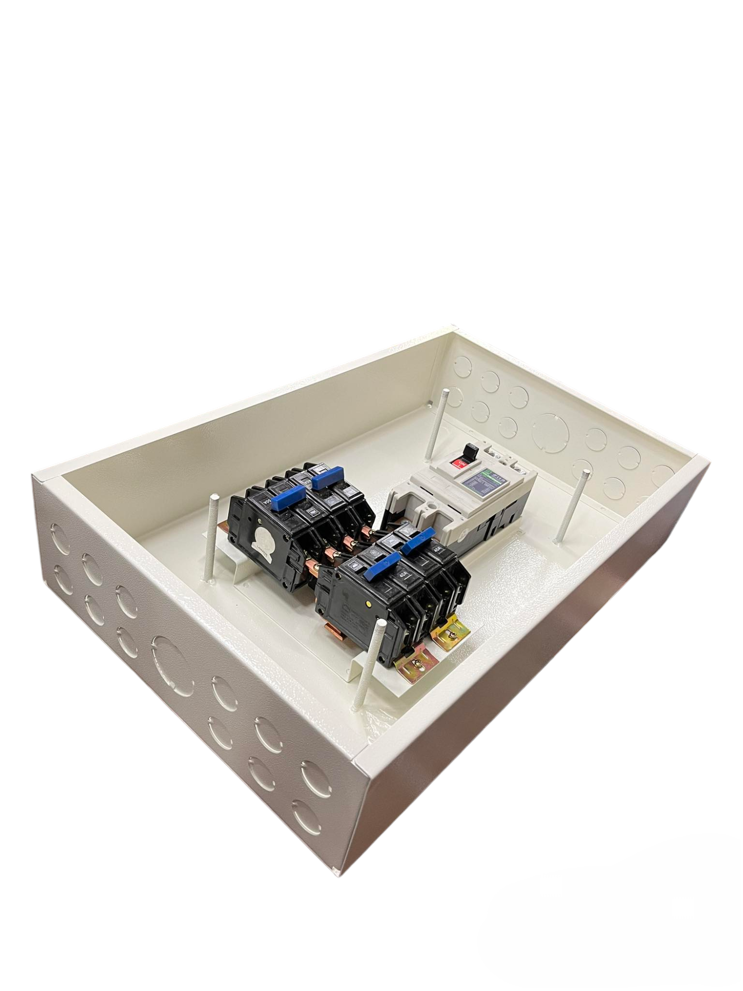 Koten and Taiyou 4 Branches 2 Pole Bolt on electrical circuit breaker inside white metal enclosure
