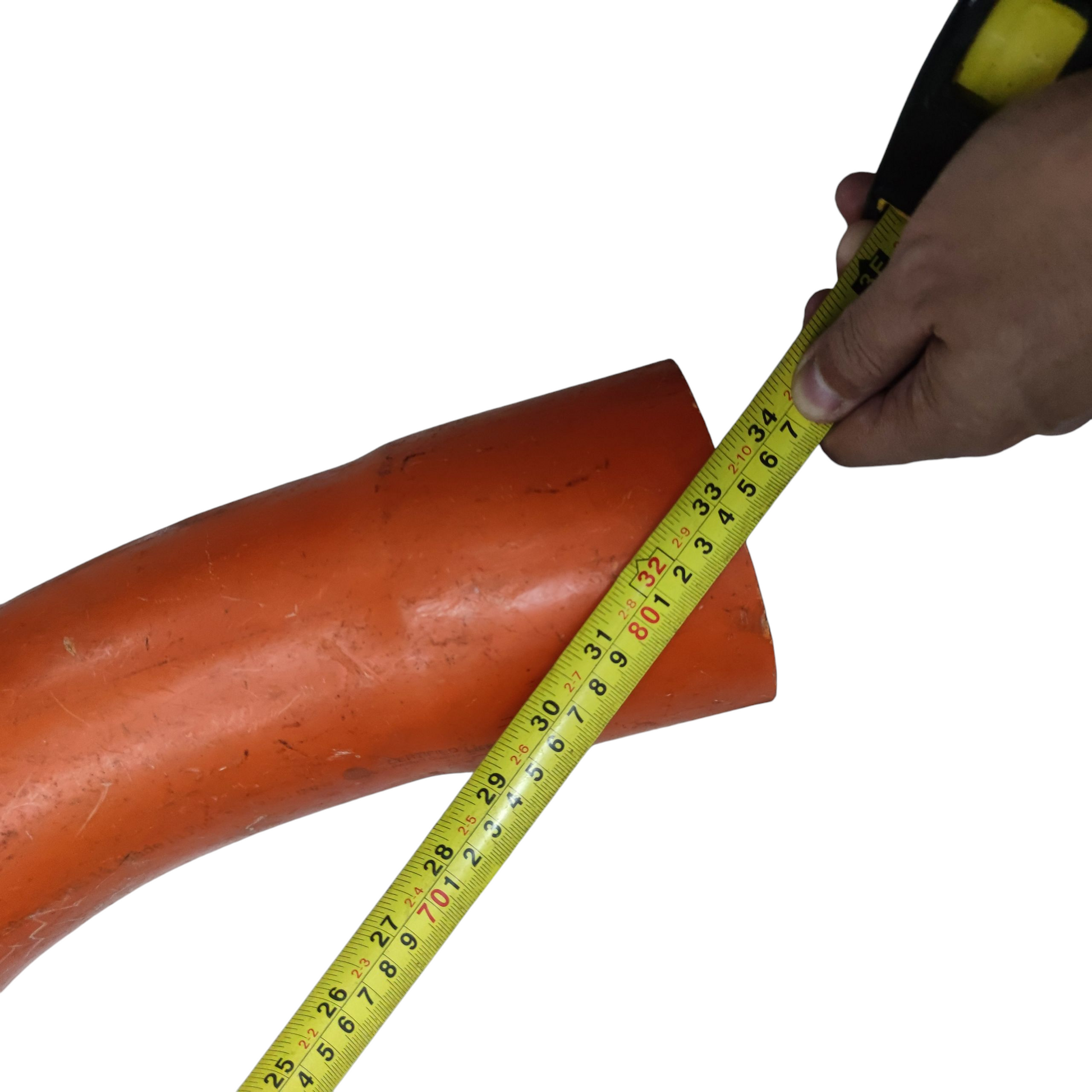 Atlanta 6 inch PVC conduit elbow being measured with a yellow tape measure on a white background