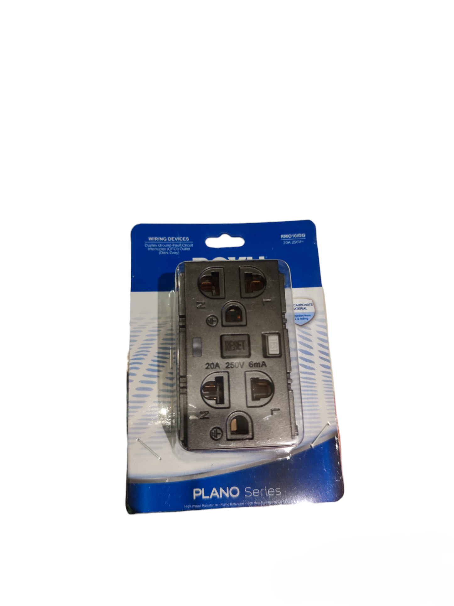Royu GFCI Duplex Universal Outlet 20A 220V in Plano Series packaging with safety reset and test buttons