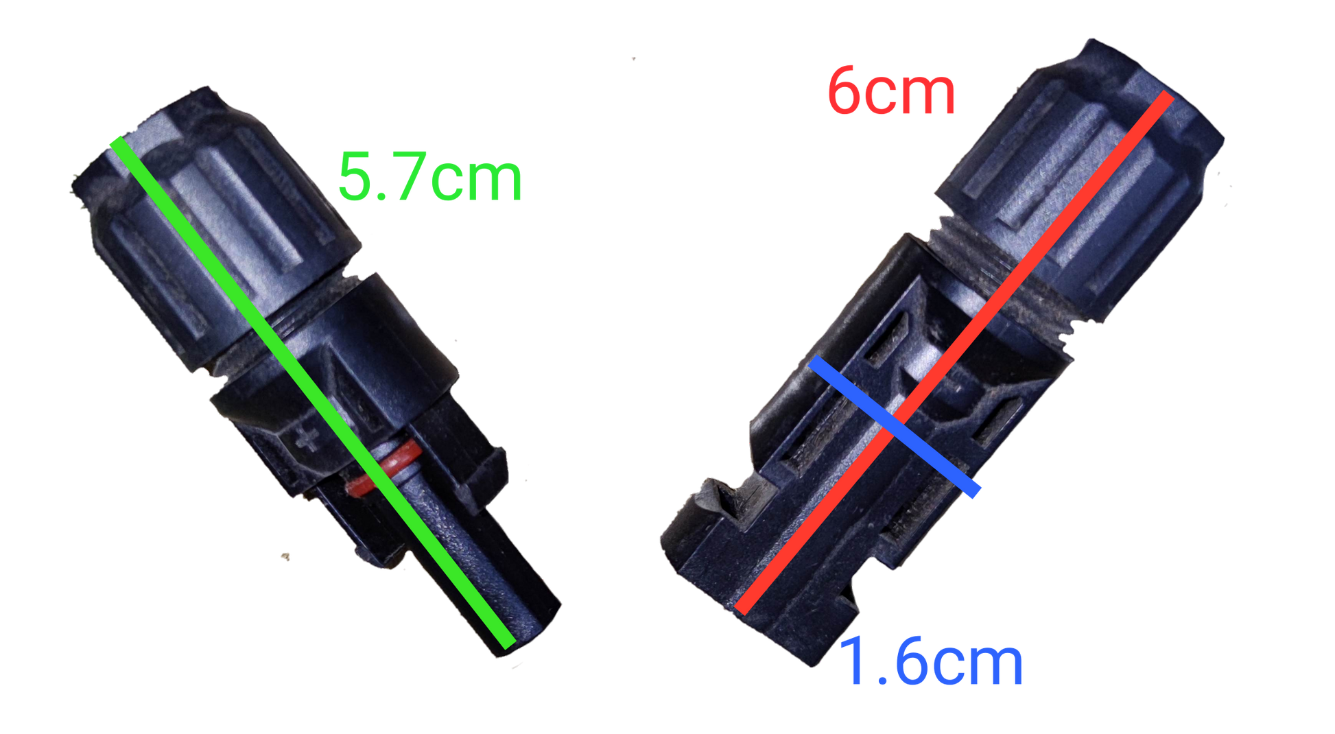 ZwitseRise MC4 Connector 1x1 IP67 showing electrical circuitry parts with size measurements
