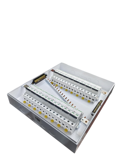 Schneider and ZY Panel Board 50A 2 Pole Main Miniature electrical circuitry with multiple circuit breakers