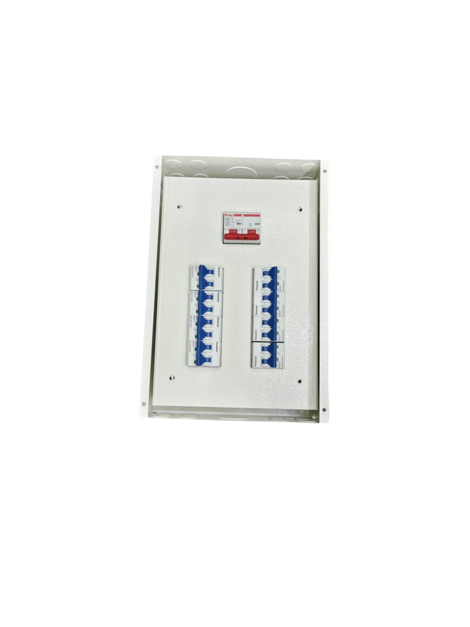 Panel Board 80A 2P Main electrical circuit breaker panel with multiple switches in white enclosure