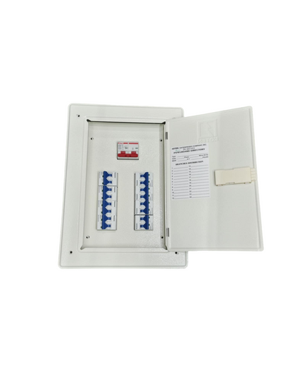White electrical panel board 80A 2P main with circuit breakers and open door from Panasonic Himel and Koten
