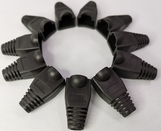 Black Rubber BooT RJ45 Grippes arranged in a circle for network cable protection