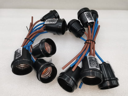 Omni Rubber Socket Weatherproof E-27 with black casing and attached brown and blue wires for lighting installation