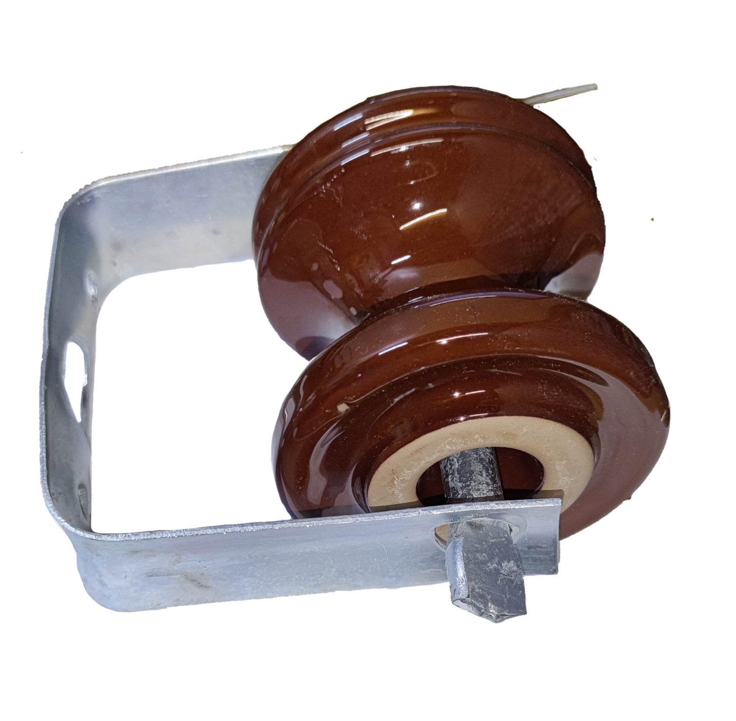 Electx Electrical Supply secondary rack 1 wire insulator with brown ceramic discs and metal bracket