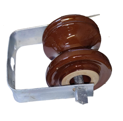 Electx Electrical Supply secondary rack 1 wire insulator with brown ceramic discs and metal bracket