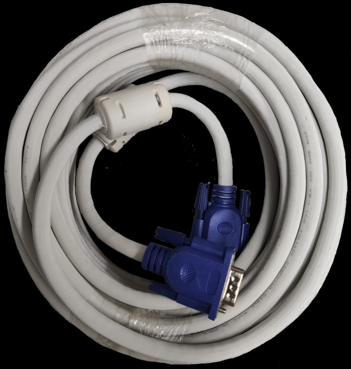 Grippes VGA Cable 10 Meters Male to Male with blue connectors and white cable wrapped in coil