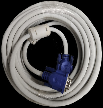 Grippes VGA Cable 10 Meters Male to Male with blue connectors and white cable wrapped in coil
