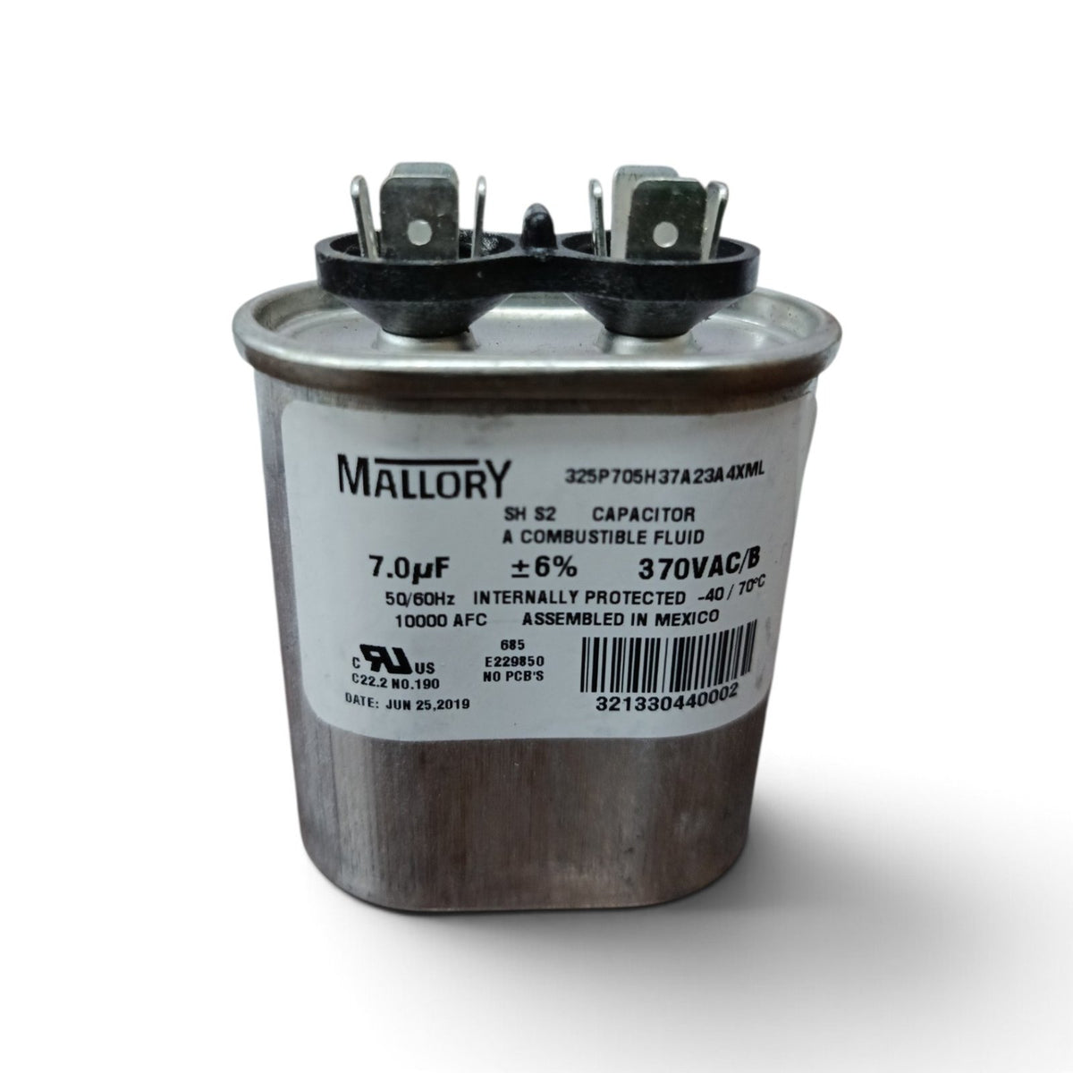 Oil-Filled Metallized Polypropylene Film Running Capacitor 7uf 370V AC 50/60Hz Aluminum Can, With Resin-Sealed Terminals