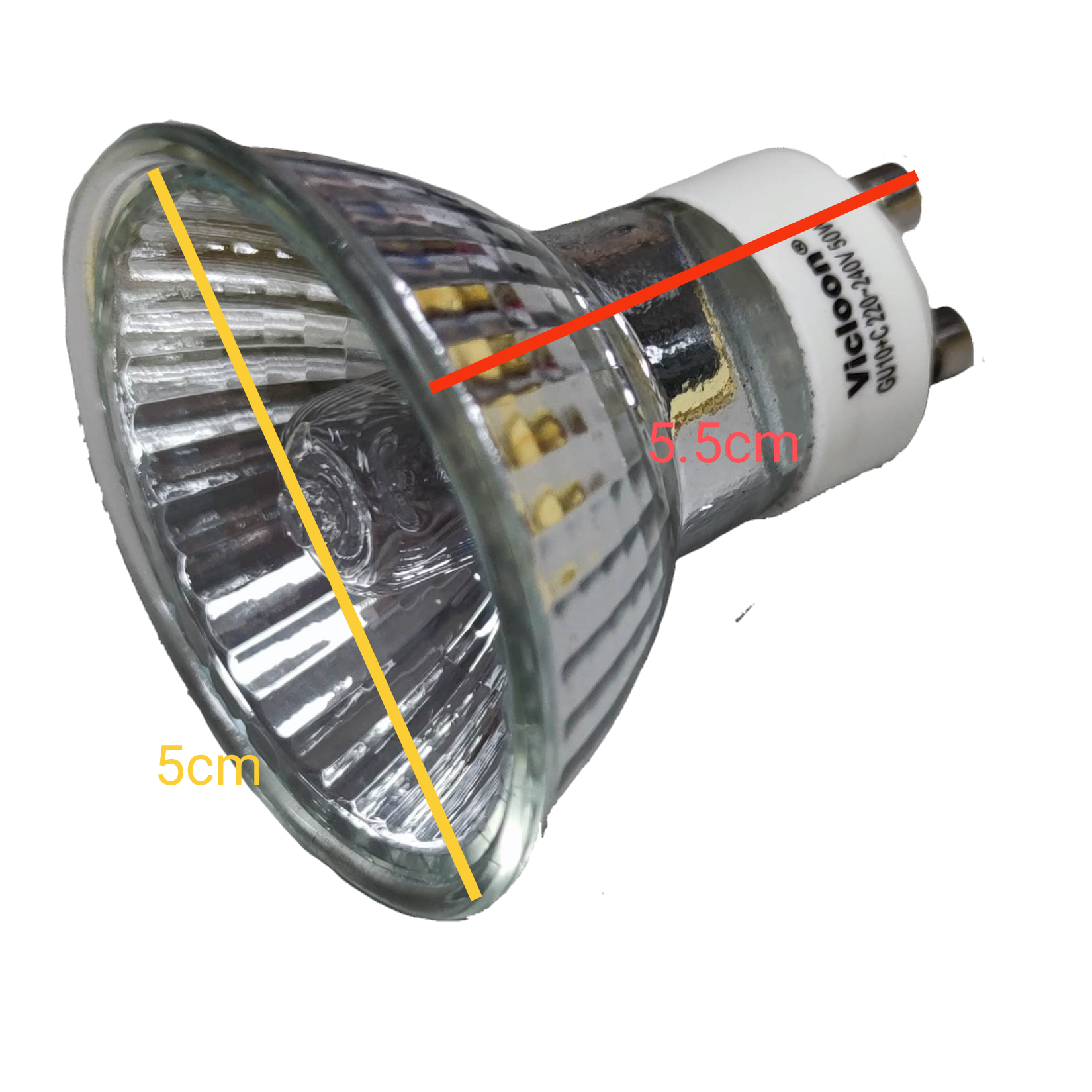 Vicloon GU10 halogen bulb 50W MR16 GU10 with a clear glass design and dimensions of 5.5cm and 5cm