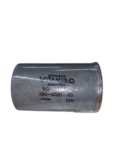 Sprague 5 uF 220V capacitor for sale, featuring a durable metal casing and clear label details