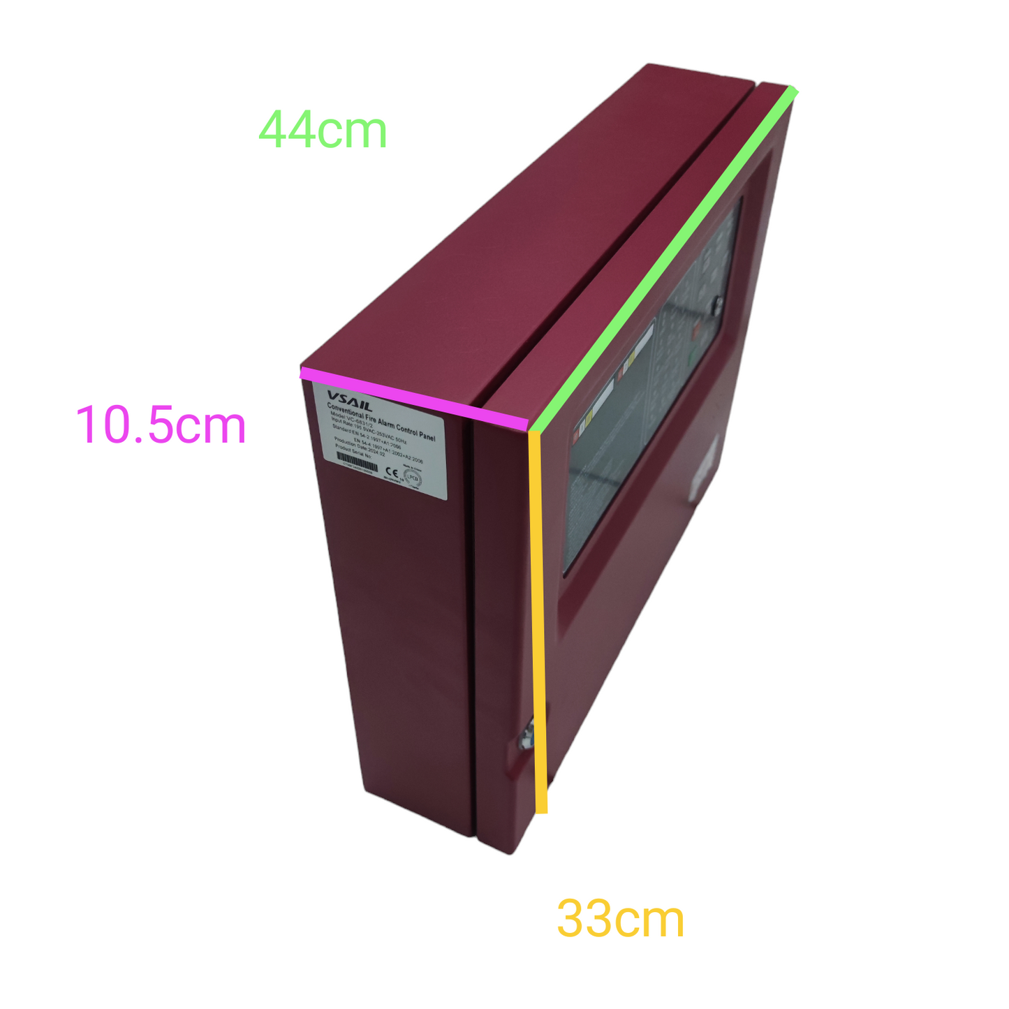 VSAIL Control Panel Conventional Type fire alarm system with a sleek red casing and measurement details.