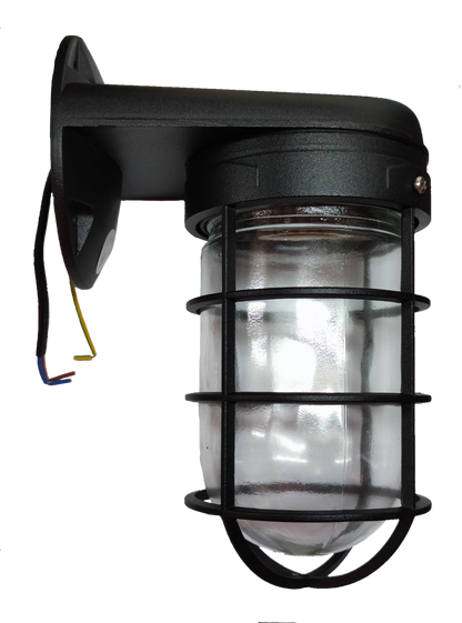 Biglite black wall mounted vapor lamp with protective cage and glass cover for outdoor lighting
