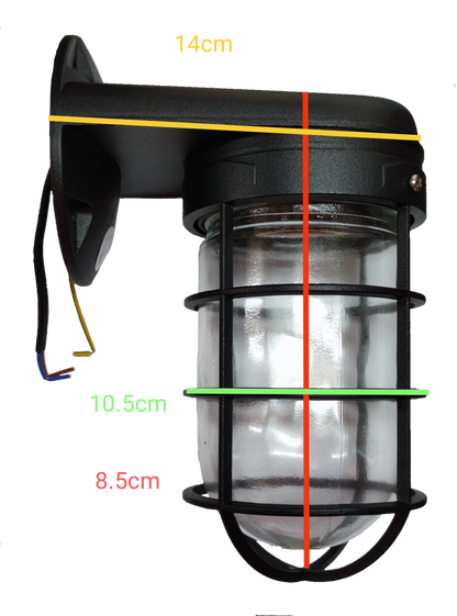 Biglite black wall mounted vapor lamp with protective cage and clear glass cover