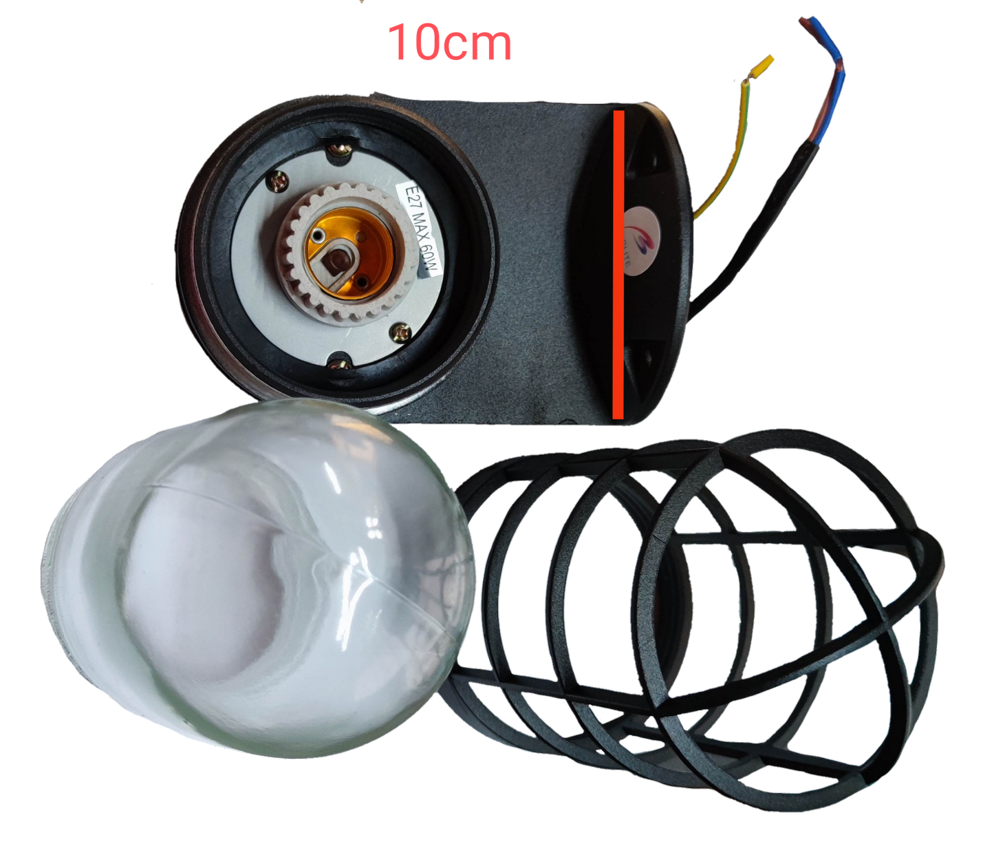 Biglite black wall mounted vapor lamp with protective metal cage and clear glass cover