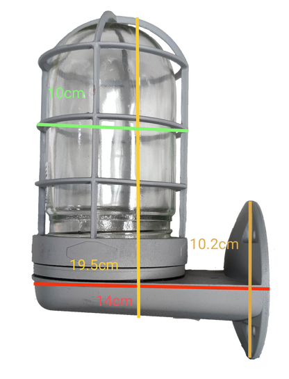 Biglite wall mounted vapor lamp with protective cage and glass cover measuring 10 cm height