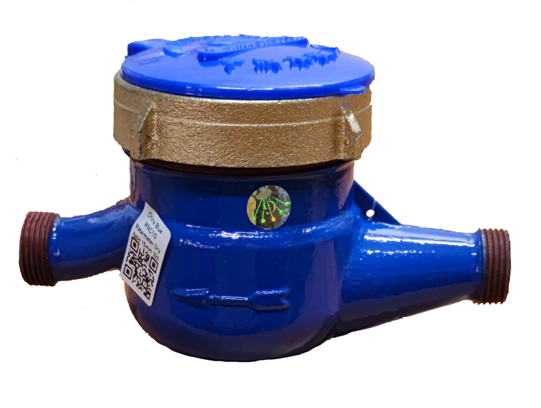 Water Meter Metal Die Cast in blue and brass finish with threaded pipe connections for fixture parts and valves