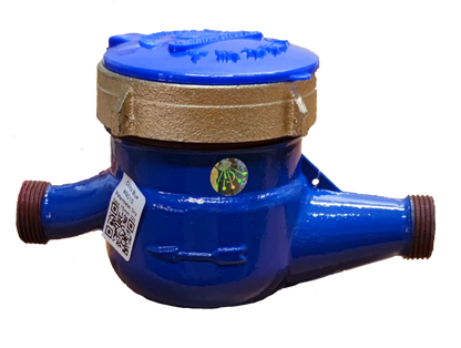 Water Meter Metal Die Cast in blue and brass finish with threaded pipe connections for fixture parts and valves