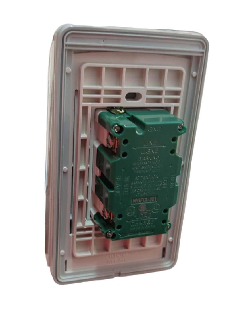 Omni Weatherproof 2 Gang Outlet GFCI with white protective cover and green electrical component