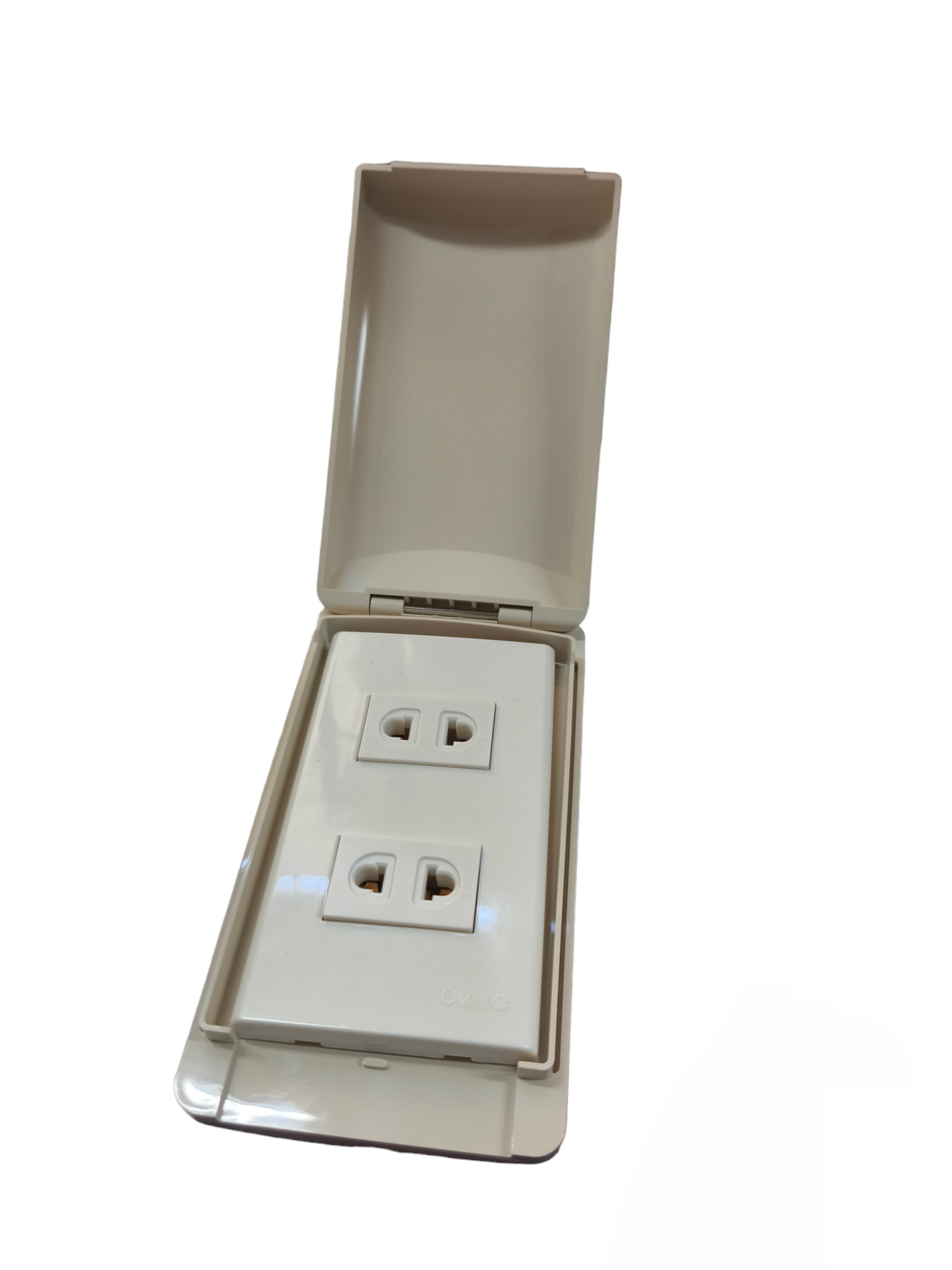 Omni Weatherproof 2 Gang Universal Outlet 15A with protective cover closed open showing dual sockets