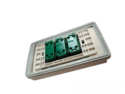 Omni Weatherproof 3 Gang 1 Way Switch 16A with green switches and white plastic frame