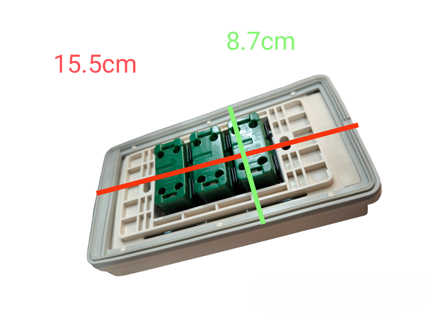 Omni Weatherproof 3 Gang 1 Way Switch 16A showing back view with dimensions 15.5 cm by 8.7 cm