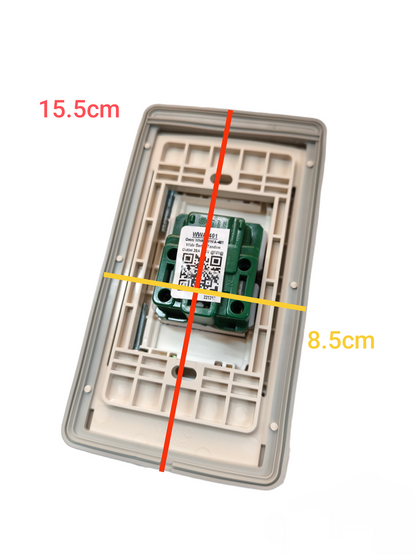 Omni Weatherproof Aircon Tandem Outlet 20A showing back casing with measurements 15.5 cm by 8.5 cm