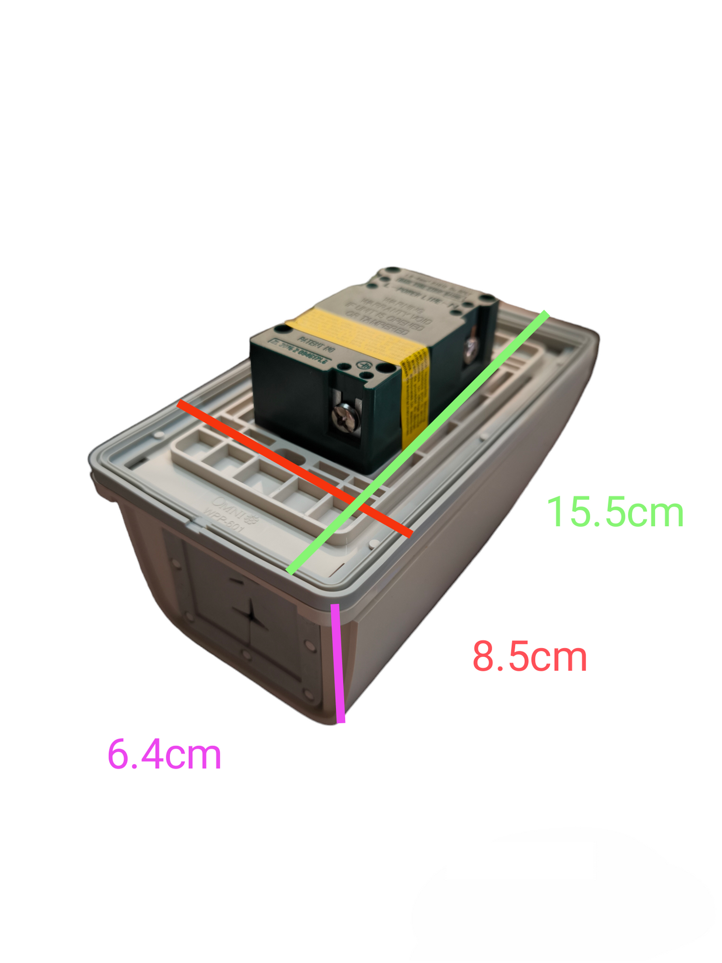 Omni Weatherproof GFCI Duplex Outlet 20A 250V with protective cover and dimensions shown