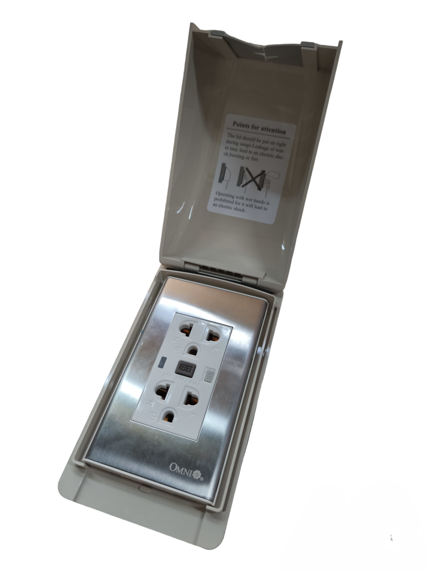 Omni Weatherproof GFCI Duplex Outlet 20A 250V with protective cover for outdoor safety