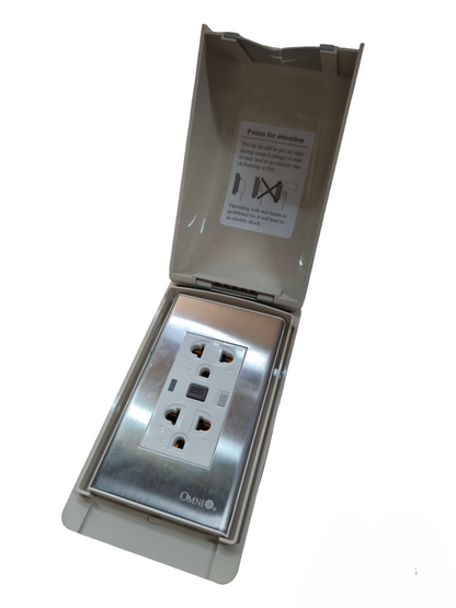 Omni Weatherproof GFCI Duplex Outlet 20A 250V with protective cover for outdoor safety