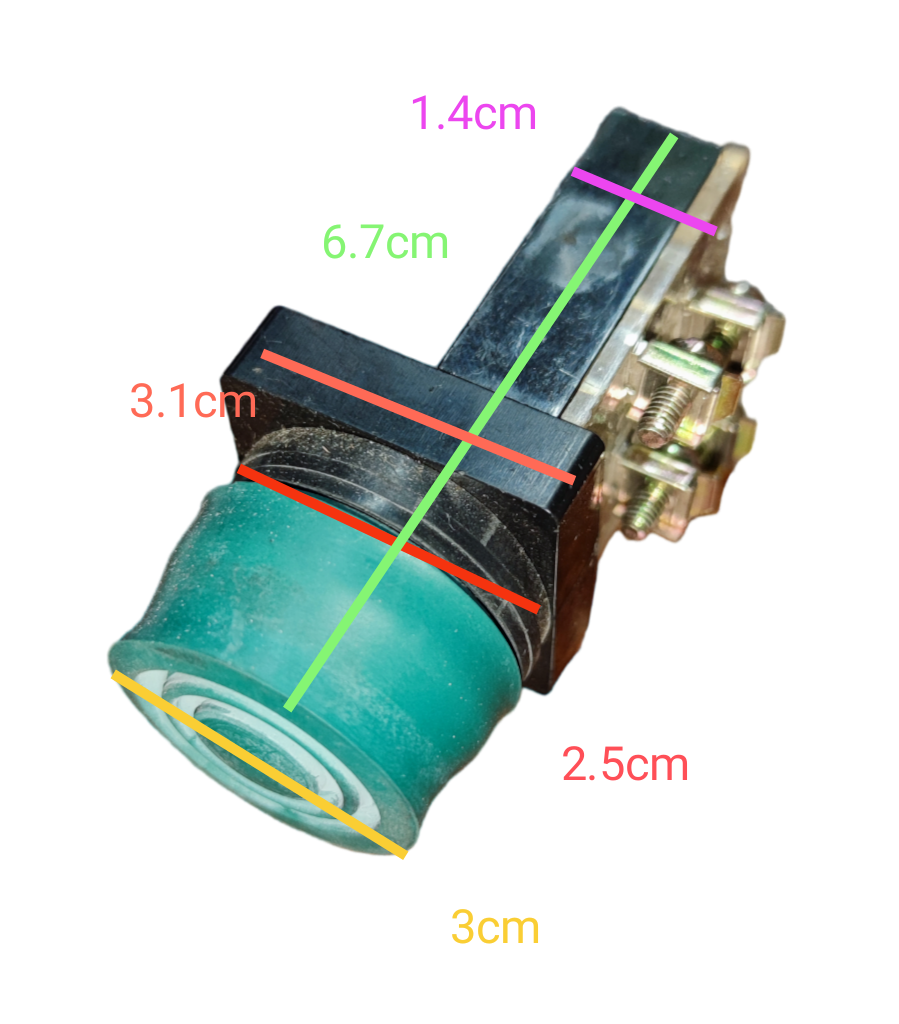 Auspicious weatherproof push button switch with measurements shown against black background