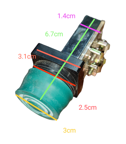 Auspicious weatherproof push button switch with measurements shown against black background