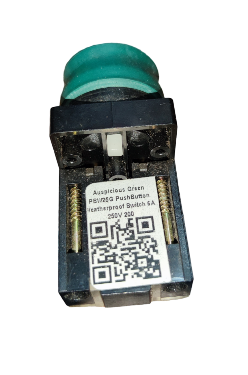 Auspicious weatherproof push button switch with green cap and 6A 250V rating for power points and plugs