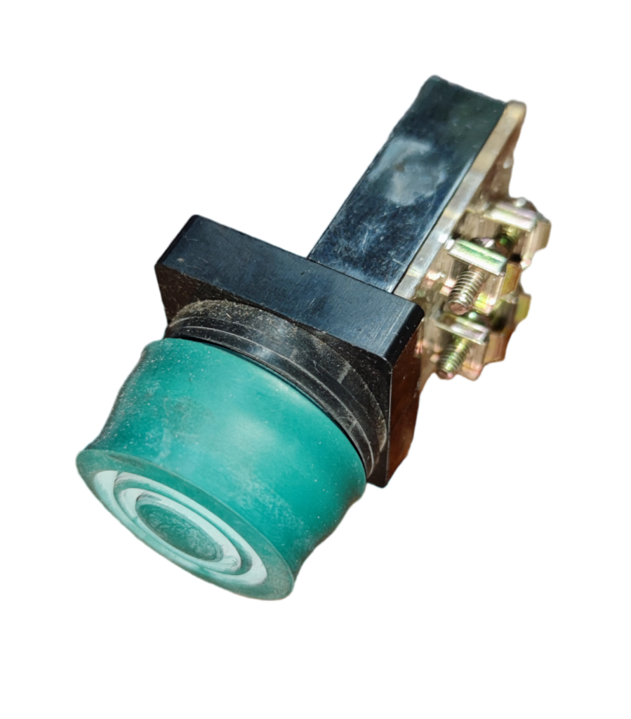 Auspicious weatherproof push button switch with green button and metal mounting hardware