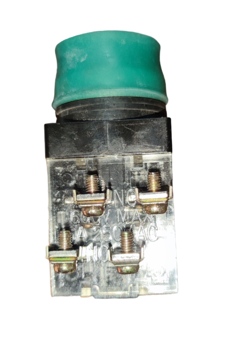 Auspicious weatherproof push button switch with green cap and four metal terminal screws