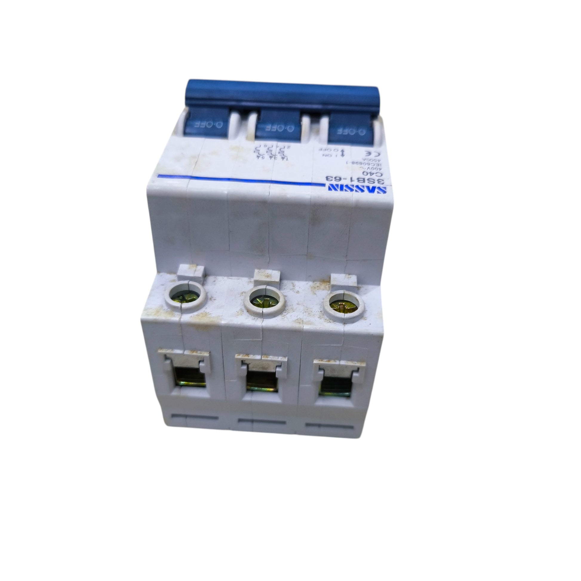 Sassin Miniature Circuit Breaker 40A 3Pole white 3 module unit with blue toggles and screw terminals