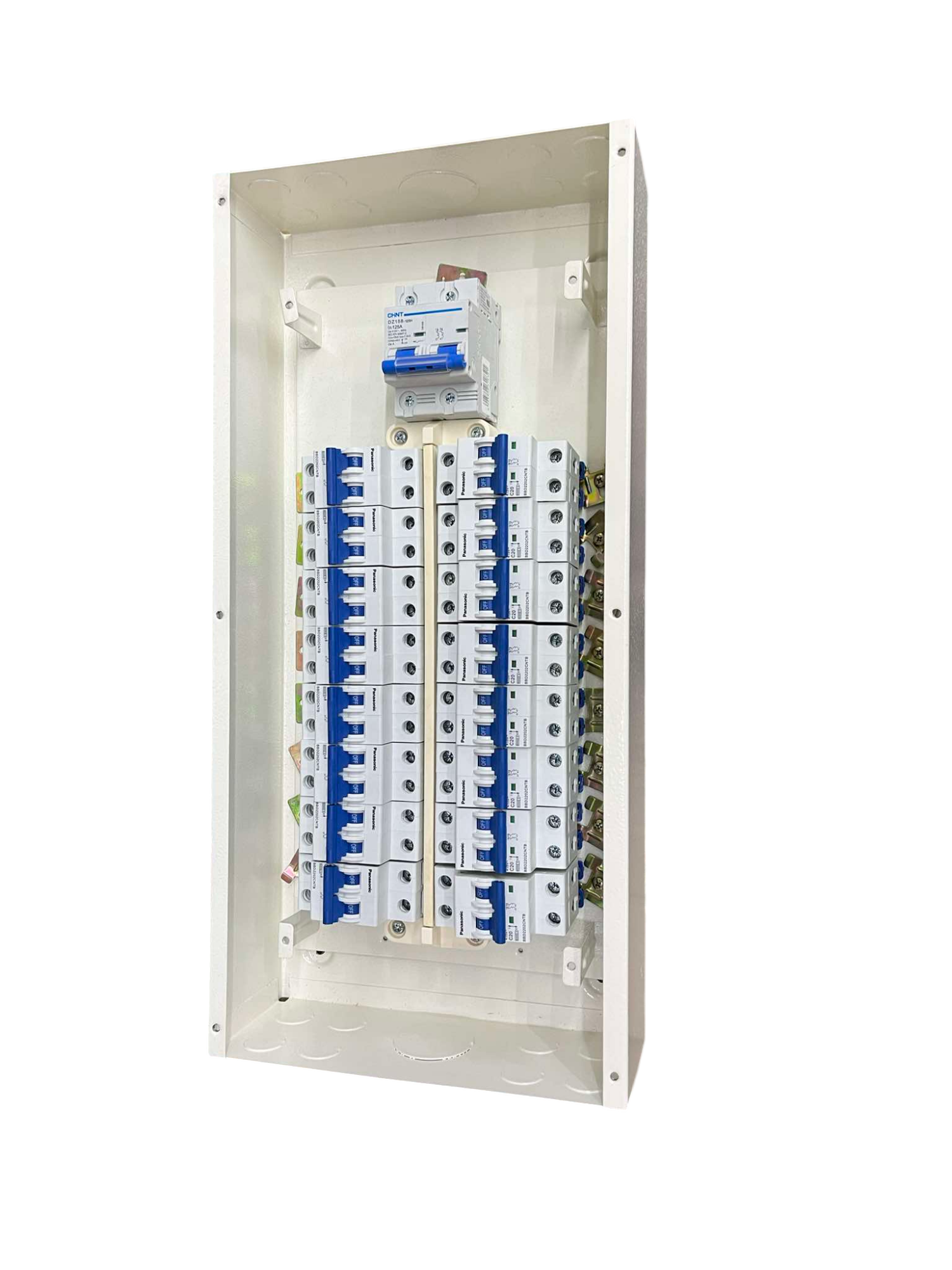 Chint electrical distribution board with multiple circuit breakers and white enclosure