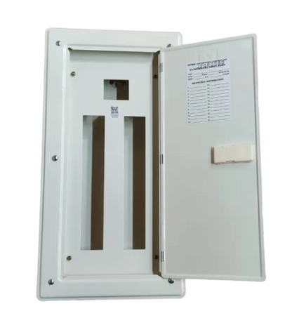 Chint electrical circuit breaker panel with open door and white metal enclosure