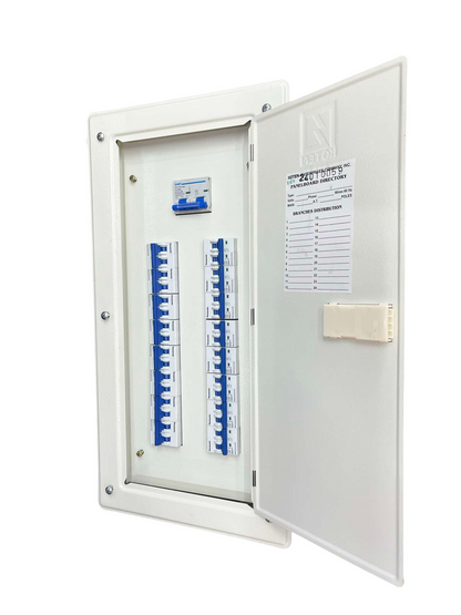 Chint electrical circuit breaker panel with white and blue breakers inside a white metal enclosure