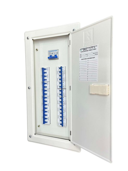 Chint electrical circuit breaker panel with white and blue breakers inside a white metal enclosure