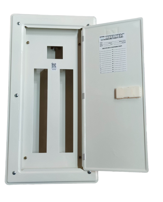 Electx Electrical Supply white miniature circuit breaker panel with open door and slot openings