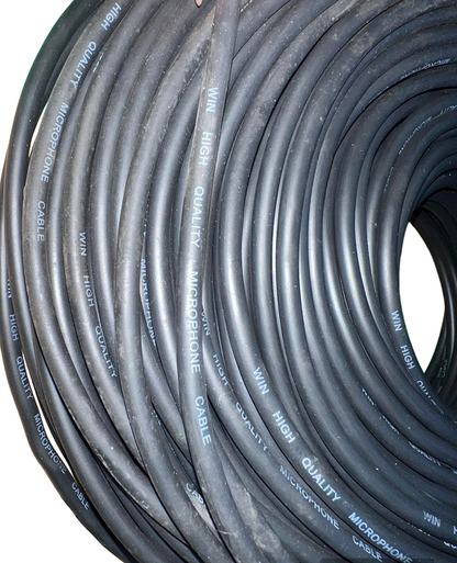 Coiled black Win Microphone Cable with high quality text for clear audio connections